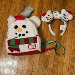 Disney Parks Mickey Mouse Snowman Holiday Loungefly Backpack & Ears